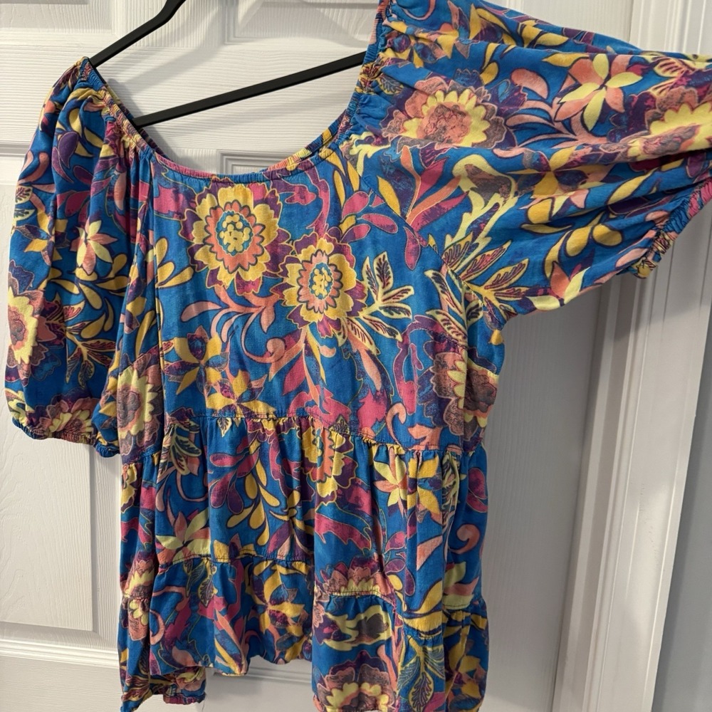 Terra & Sky Women Top 2X 20-22 Floral Peplum Puff Rayon Boho Babydoll Coastal
